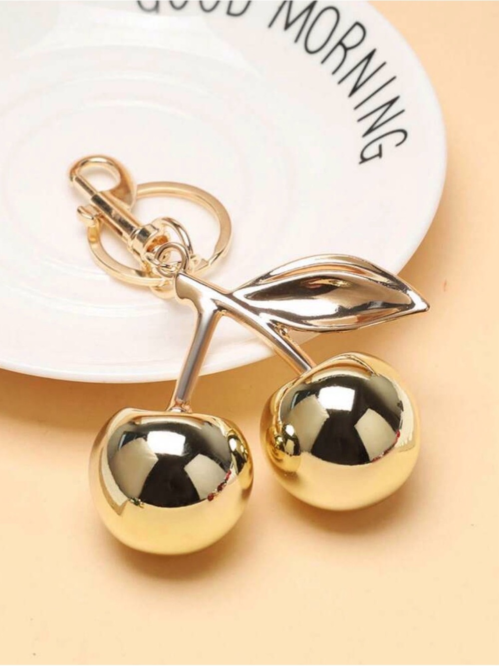 Gold Cherry Bag Charm Keychain | Oversized Metallic Fruit Purse Charm